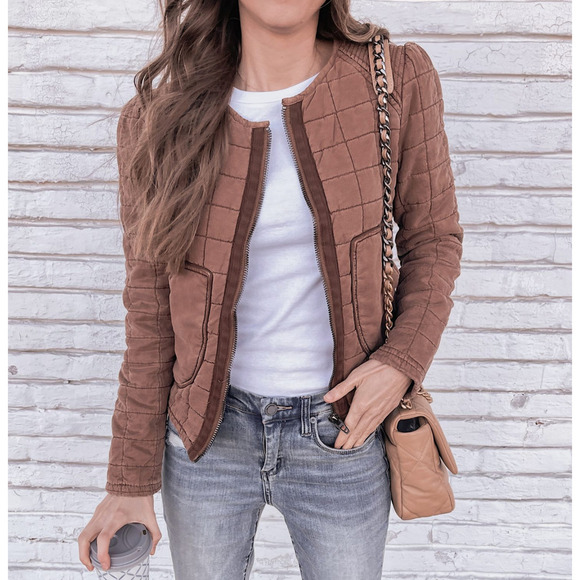Blank NYC Jacket Womens XS Brown Patch Pocket Quilted Zip Happy Camper - Picture 1 of 11